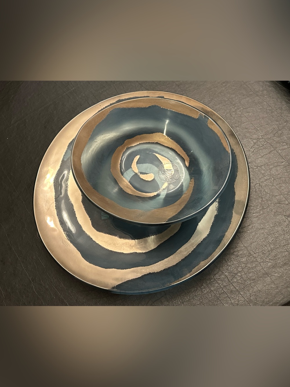 RARE- vintage Annieglass Blue and silver Spiral Glass Set (2 Pieces) Plate/bowl